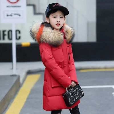30 градусов девушки Костюмы теплый пуховик для девочек одежда Утепленная зимняя парка с меховым капюшоном, Детская верхняя одежда, пальто - Цвет: Красный