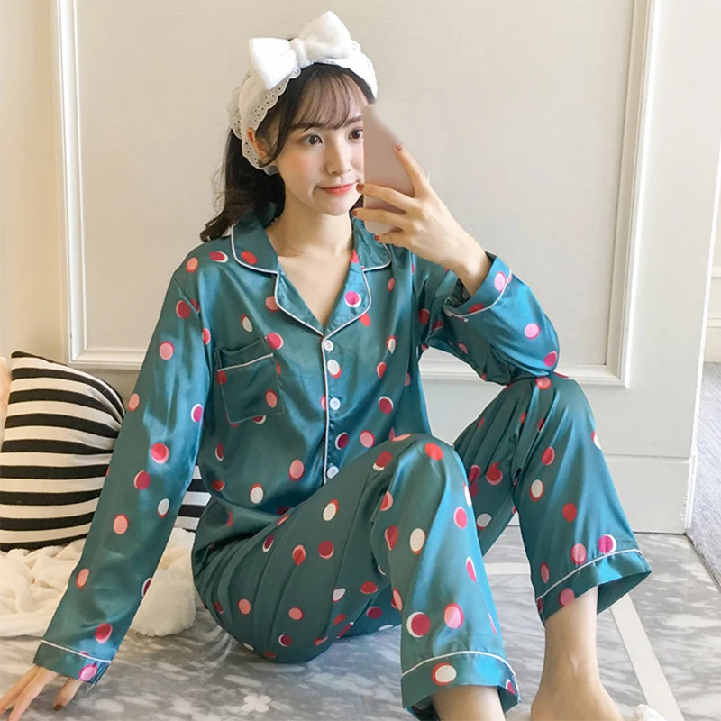 

Satin Silk Pajamas For Women Long Sleeve Pajama Sets Dot Print Female Sleepwear Nightwear 2pcs Loungewear Plus Size Pyjamas Suit