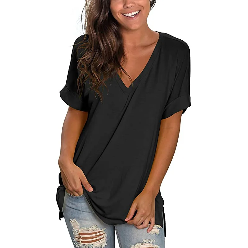 2021 New Summer Solid T Shirt Ladies Sexy V Neck Short Sleeve Tshirt Casual Basic Black White T-Shirt Tee Tops for Women811_voghion.com