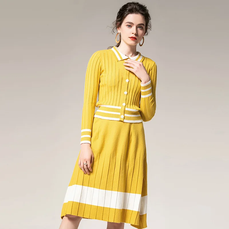 

Knitted Skirt Suit Women Autumn 2019 Peter Pan Collar Long sleeves Single Breasted Top + Elastic Waist Skirt two piece set