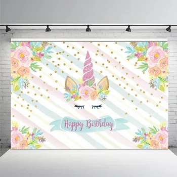 

Unicorn Birthday Backdrop Colorful Flower Pink Unicorn Photo Background 1th Birthday Party Dessert Table Decorations Supplies