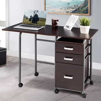 

Elegant Modern Style Folding Computer Laptop Desk Wheeled Steel Tube Frame Three Drawers Removable Home Office Furniture