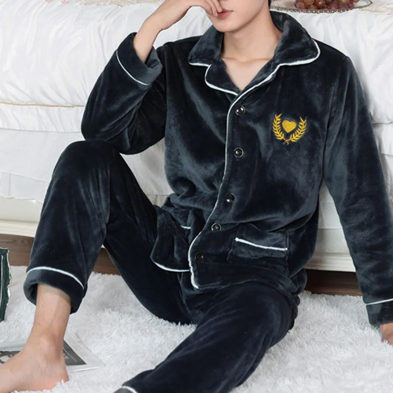 

Laamei Warm Sleepwear Men's Flannel Winter Thick Pajama Male Thick Long Sleeve Pijama Casual Autumn Pyjamas Men Coral Fleece