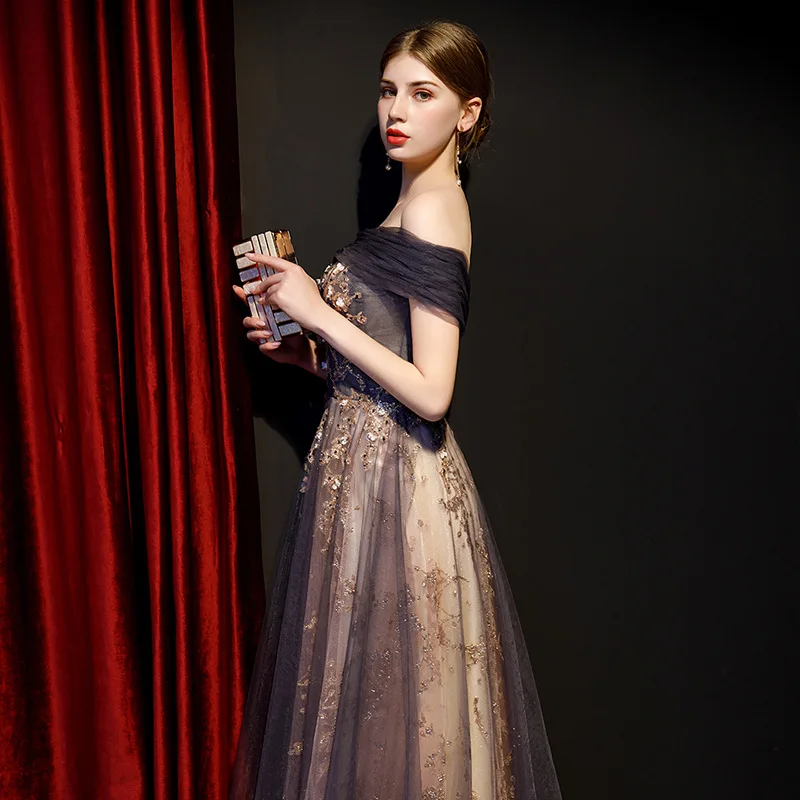 Beauty Emily, сексуальное вечернее платье с вырезом лодочкой и открытыми плечами,, аппликации из бисера, Тюлевое платье со шнуровкой на спине, вечерние платья