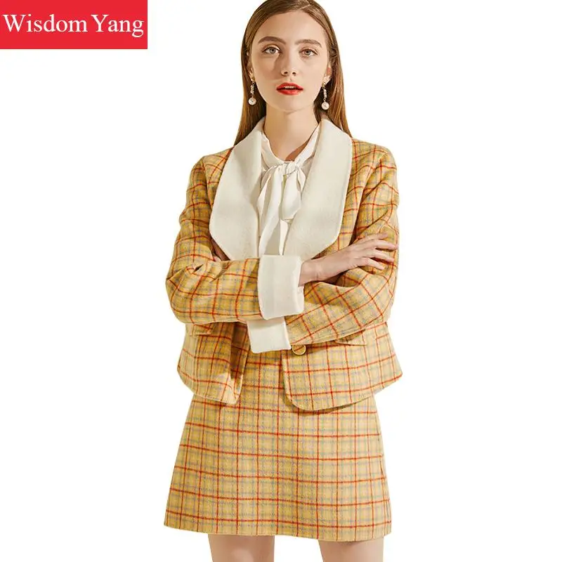 

2 Pieces Set Winter Coat Suit Black Plaid Yellow Cashemere Wool Coats Women Laides Overcoat Woolen Mini Skirts Suits Outerwear