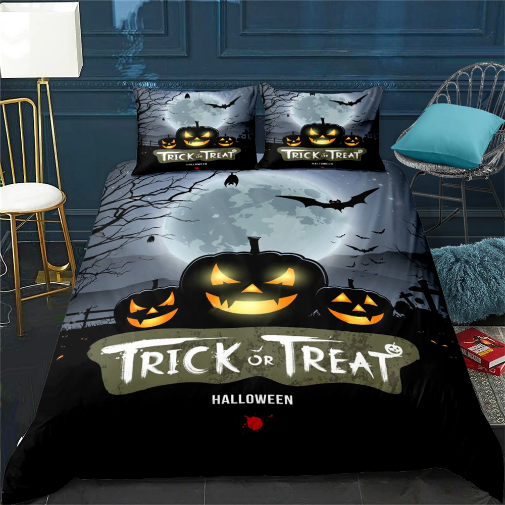 

Happy Halloween Duvet Cover Set Pumpkin Lantern Trick or Treat Bedclothes Pillowcase Bed Bedding Set Black Bed Linen Set UK King