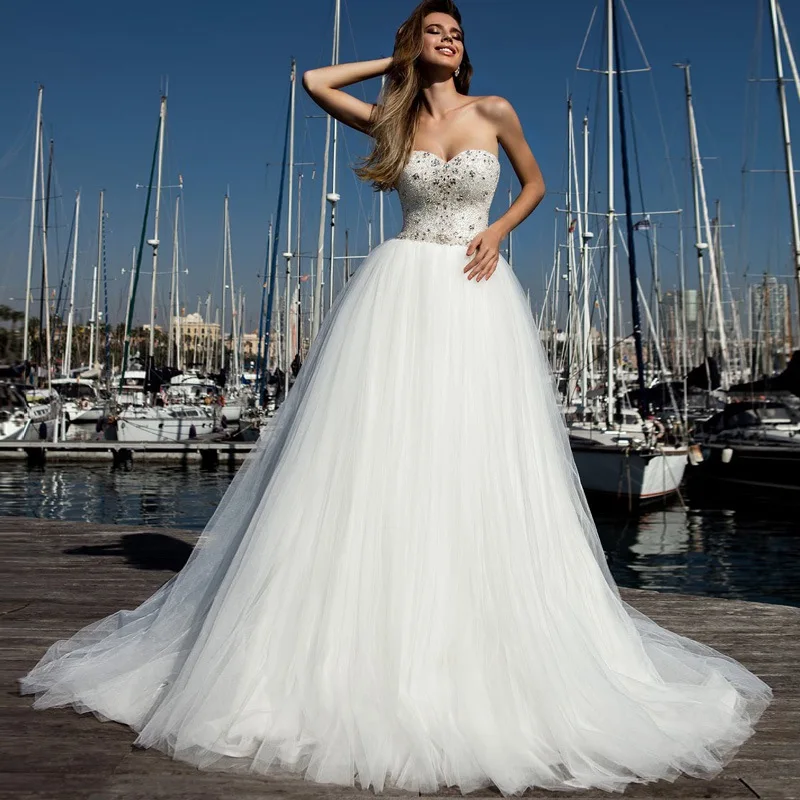 Свадебное платье без бретелек Vestido Noiva Бохо кристаллы ремень с бисером свадебное платье Романтический Тюль бальное платье Свадебные платья