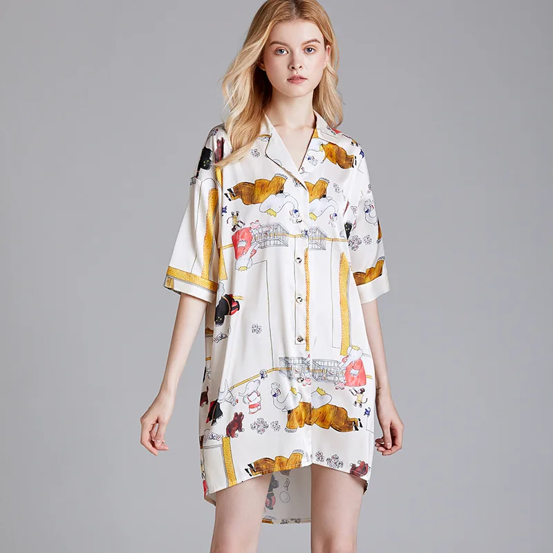 

Yao ting New Style Spring And Summer Pajamas Women's Silk Thin Half-sleeve Shirt Nightgown Female Summer Shirt Dress Home Wear-O