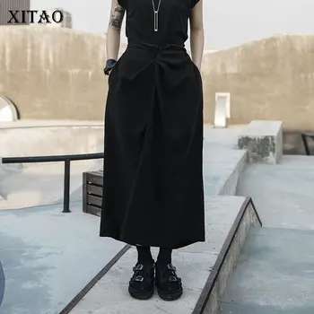 

XITAO Irregular Pleated Skirt Fashion Elastic Waist Pocket 2020 Spring Summer Split Pocket Small Fresh Casual Skirt ZLL5021