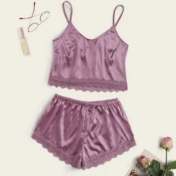 

Sexy Women Satin Pajama Set Sleepwear Lace Trim V-Neck Pyjamas Ladies Sleeveless Cami Top and Shorts Nightwear