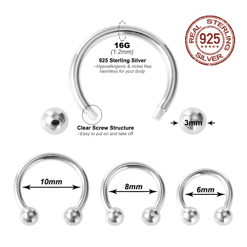 16g 10mm Septum Piercing 925 Sterling Silver Nose Septum Rings