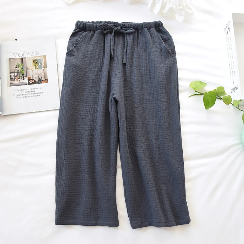 Summer Mens Sleeping Pants 100% Cotton Crepe Sleep Bottoms Solid Cropped Pants Elastic Band Sleep Shorts Loose Home Lounge Wear mens cotton pajama pants