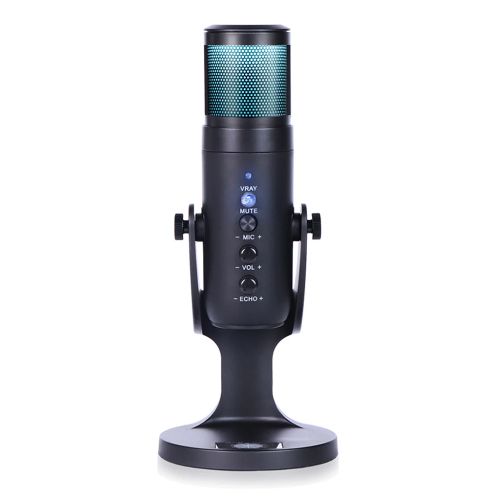 JD-950 RGB Condenser Microphone USB PC Computer Colorful Light Mic with Earphone Jack for Gaming Video Live Streaming Recording