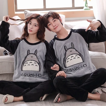

Winter Young Women's Pajamas Warm Flannel Long-sleeved Pajama Sets Pyjama Loose Men Couple Sleepwear Top+ Pants Pijama Mujer