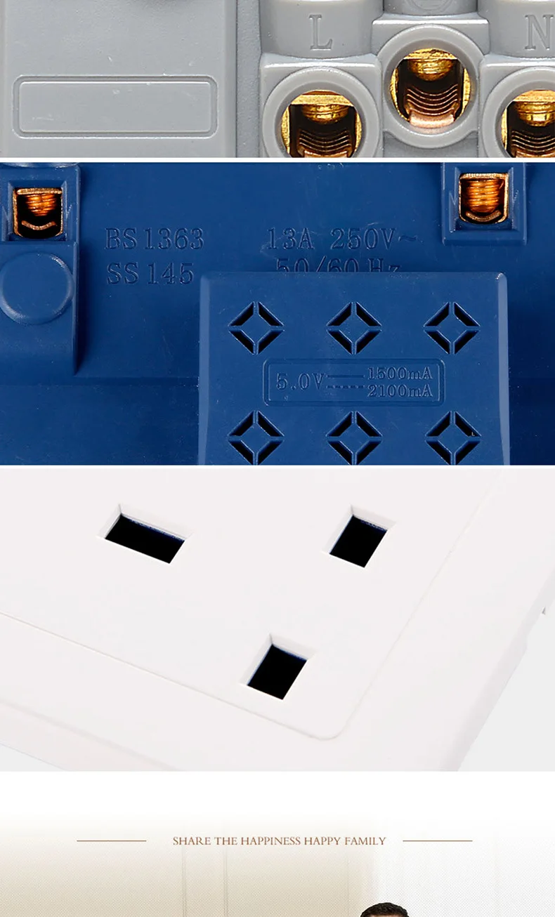 USB Wall Outlet Gold Metal Plate 13A UK Plug Electric Switched Power Sockets 3250W 1 Gang Kitchen USB with Charging Ports Office