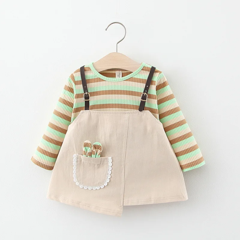 Г. Детская одежда для девочек; весеннее платье в полоску с поясом;