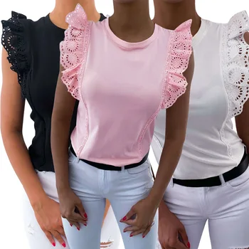 

Casual Summer Woman White T-shirt O-Neck Lace Short Sleeve T-Shirts 2020 Fashion Slim Female Streetwear Ladies Solid Black Tops