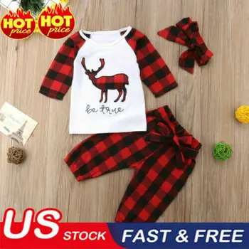 

US Christmas Newborn Baby Boy Girl 0-24M Deer Plaid Tops Bow Pants 3Pcs Outfits Set
