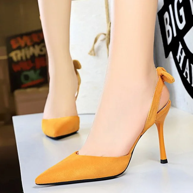 Boussac Elegant Bowtie Slingback High Heel Women Pumps Sexy Pointed Toe High Heels Ladies Shoes Suede Thin Heel Party Shoes B233
