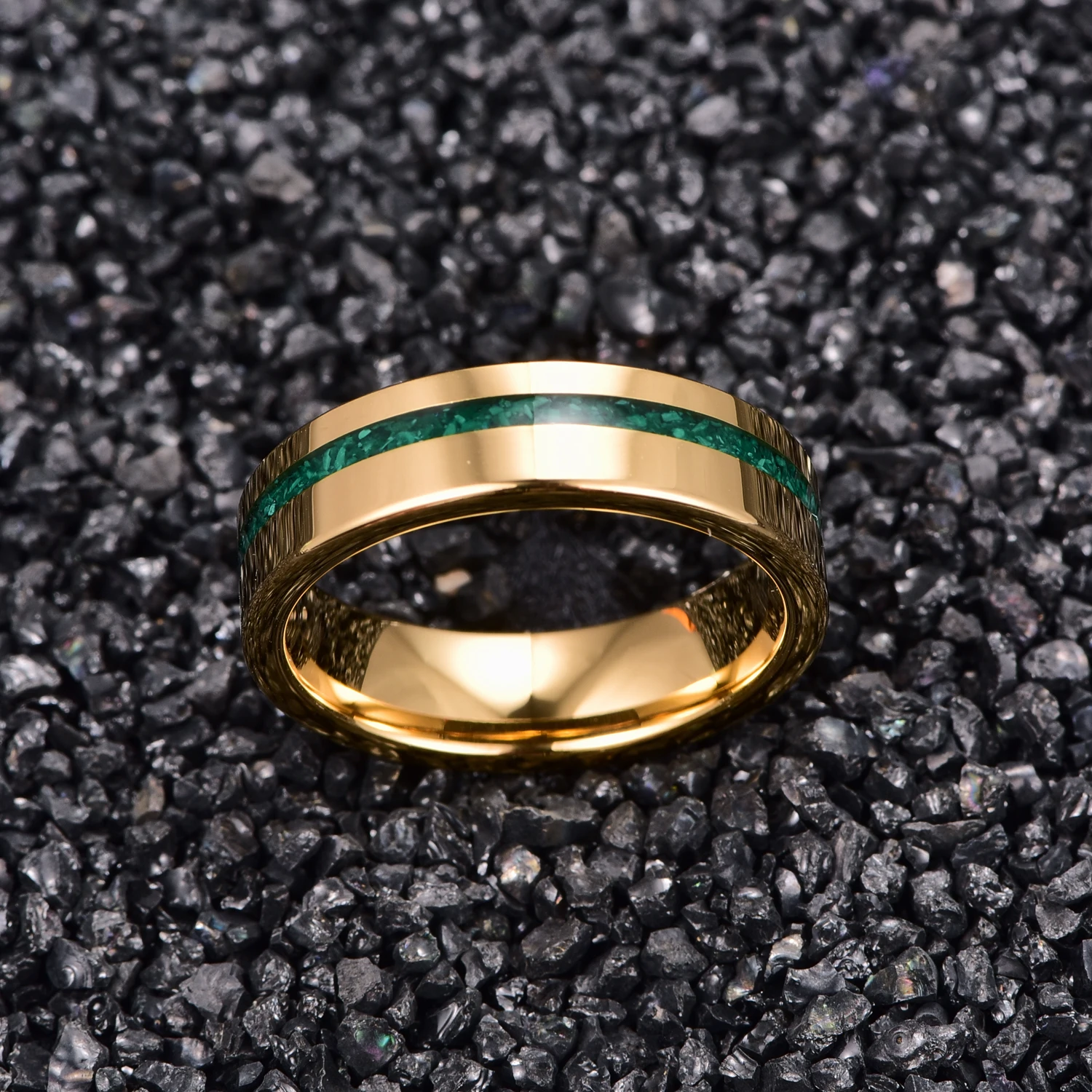 6mm Gold Color Polished Inlaid Malachite Tungsten Steel Ring For Men Groove Carbon Engagement Rings 3