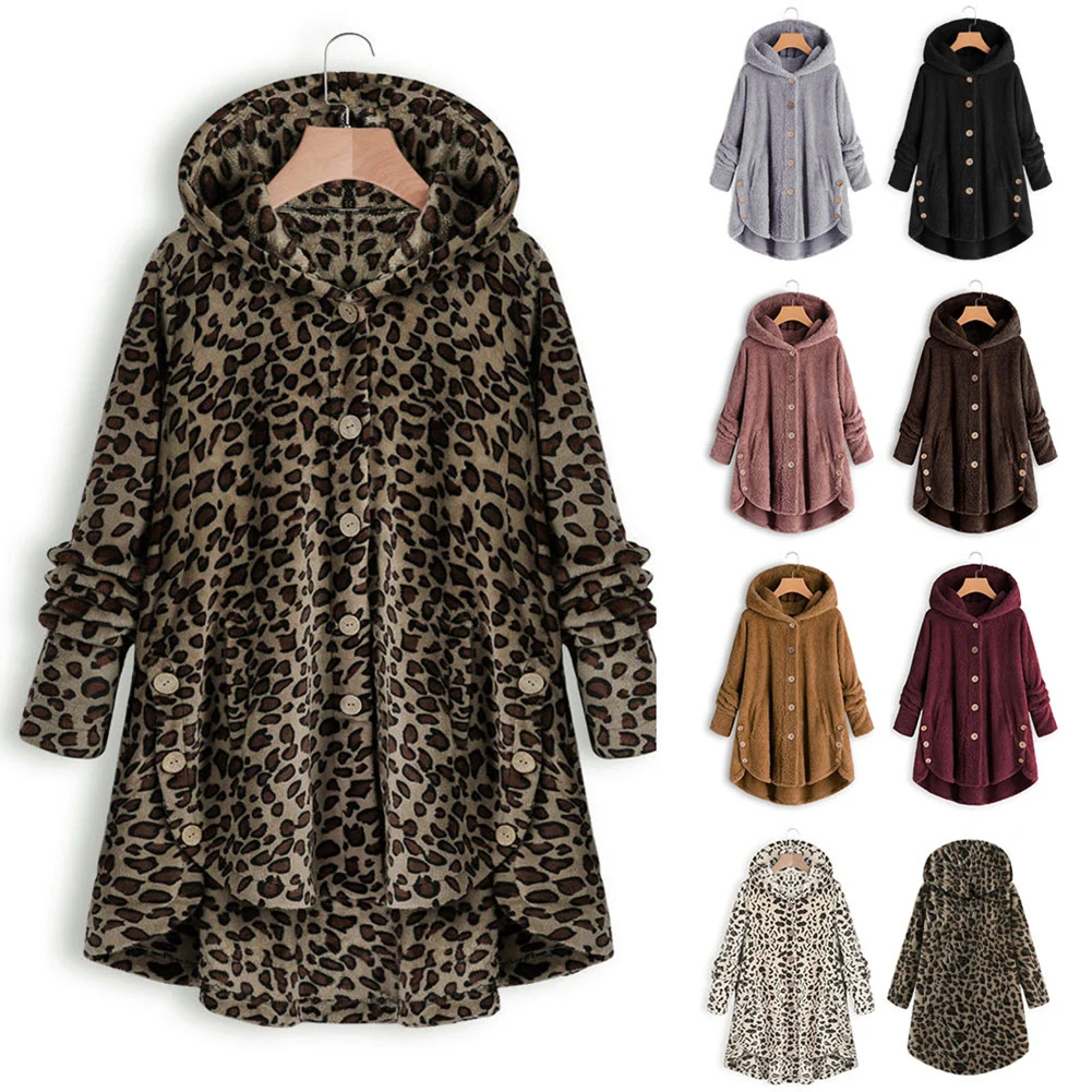 

Leopard Coat warm Fluffy Women Winter Top Button Loose fur jacket Reversible plush plus size Outwear Washed Loose Clothing