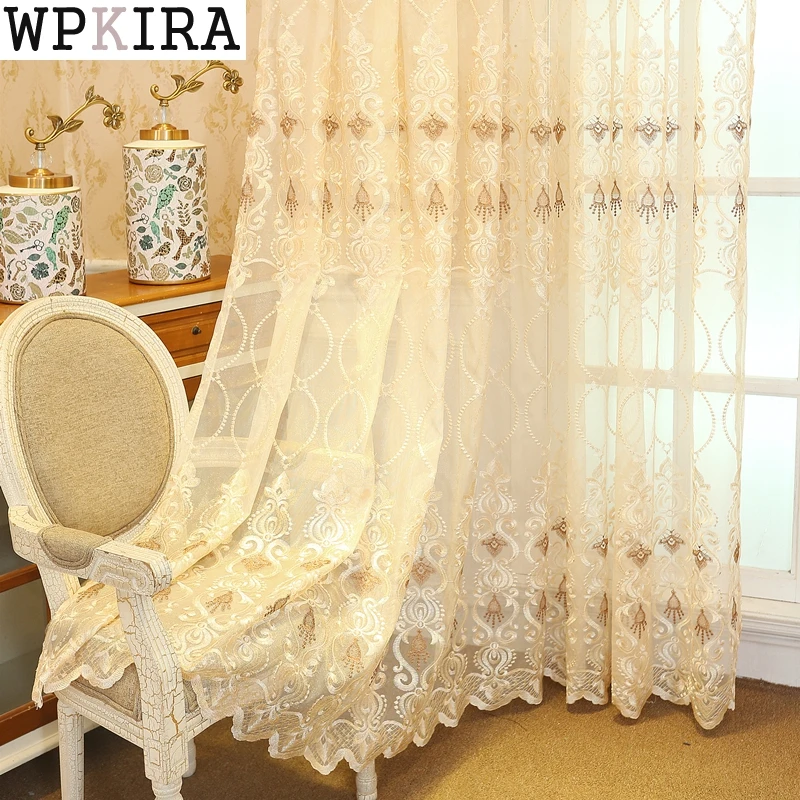 Upscale Curtains for Bedroom Luxury European Finished Curtains Fabric Embroidered Beige Tulle Cortinas For Living Room M072&C