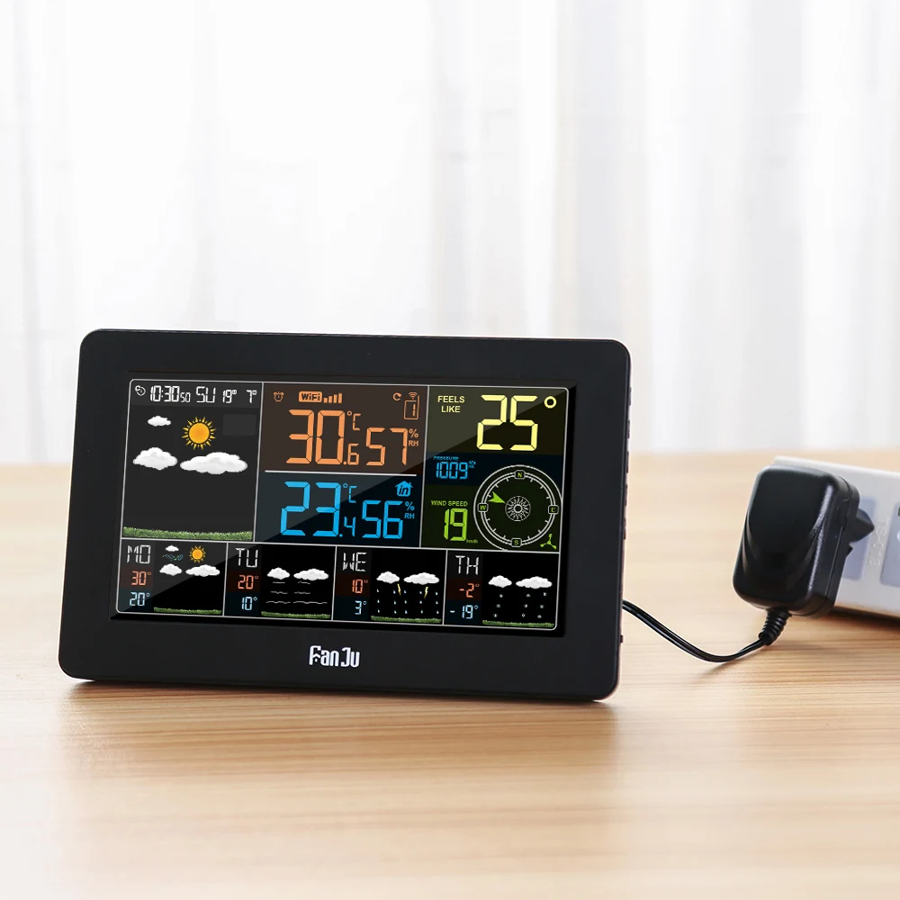 Цифровой будильник настенные часы метеорологическая станция, Wi-Fi, температура внутри и снаружи влажности Давление ветер прогноз погоды ЖК-дисплей