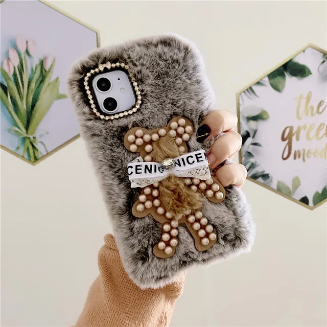 Cute Pearl Bear Fuzzy Phone Case For iphone Tweggo
