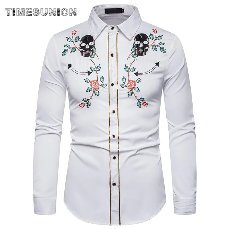 Skull Embroidery Dashiki Shirt Men Slim Long Sleeve Chemise Homme Ethnic Totem Design Mens Dress Shirts Wedding Party Camisas | Мужская