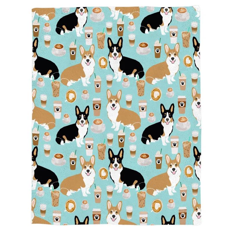 

Cartoon Corgi Print Blanket Blue Dog Coffee Pet Dog Throw Blanket Bedspread Moon Design Soft Fleece Blankets