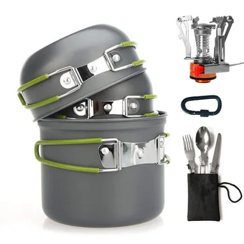 

Aluminum Alloy Camping Pot Hiking Picnic Tourist Tableware Set With Folding Spoon Mini Gas Stove Outdoor Trip Cookware
