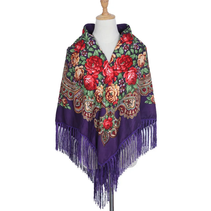 

135*135cm Women Russian Square Scarf National Wind Fringed Scarves Winter Blanket Shawl Ladies Retro Floral Pattern Hijab Wraps