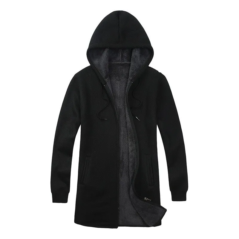 

Winter Casual Thick Fleece Lining Mens Medium Length Trench Coats Long Sleeve Knitting Male Hooded Coats Streetwear Plus Size