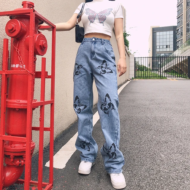 Women's Y2K Butterfly Printed Jeans High Waist Loose Wide Leg Denim Pants  Casual Baggy Straight Trousers E-Girl 90s Streetwear - AliExpress