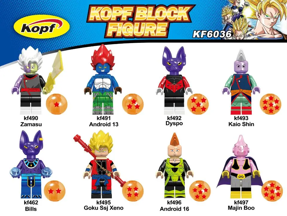 

8Pcs/Set KF6036 Dragon Ball Z Zamasu Android 13 Dyspo Bills Majin Boo Android 17 Figures Building Blocks Gift Toy For Children