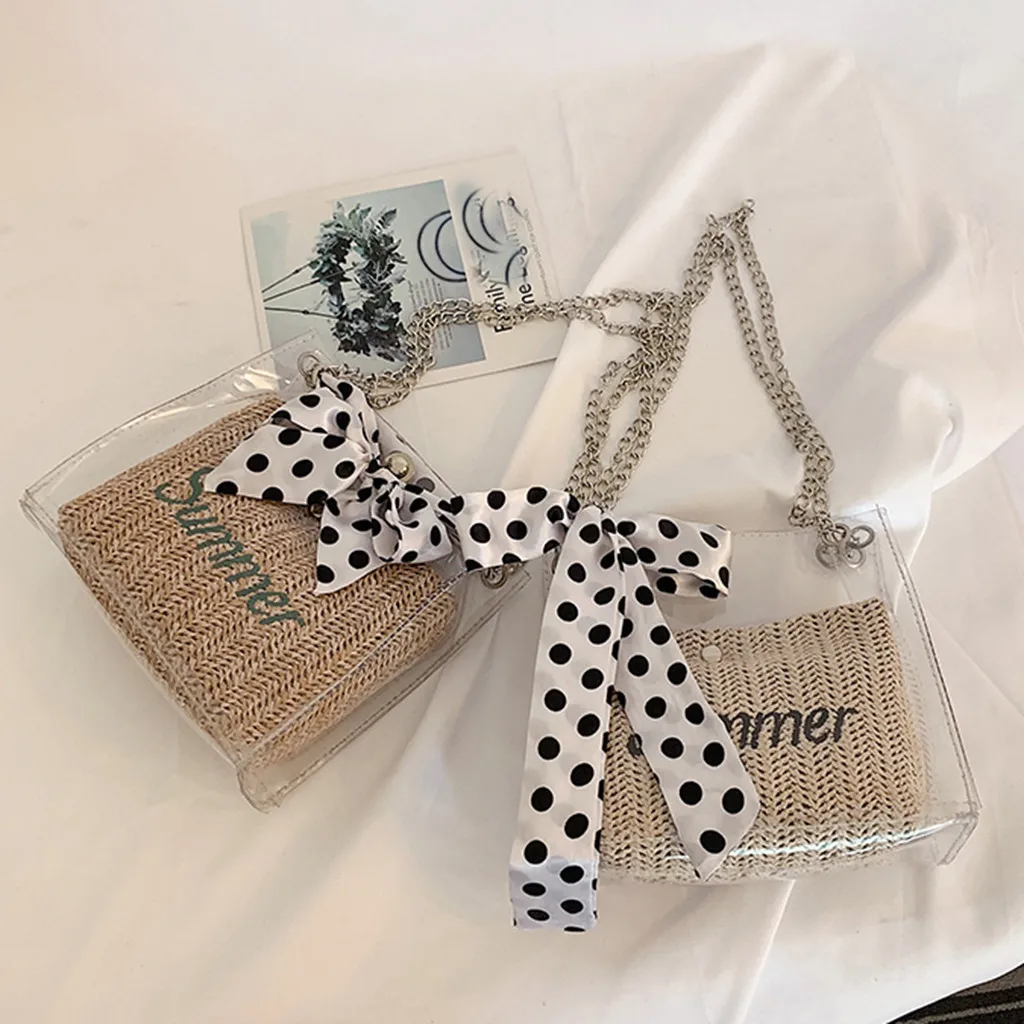 

Women Straw Bags 2020 Transparent Silk Scarf Shoulder Beach Summer Messenger Square Bags Strap Fashion Shoulder Bag Handbag #Zer