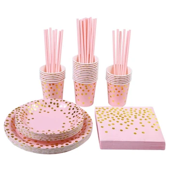 

125pcs Bronzing Dots Disposable Party Tableware Set Rose Gold Plate Cup Knife Fork Spoon Party Wedding Decorations Supplies