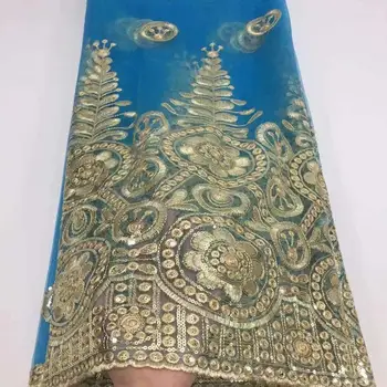 

2019 Latest French Nigerian Laces Fabrics High Quality Blue Gold African Laces Fabric Wedding Glued glitter sequins Tulle Lace