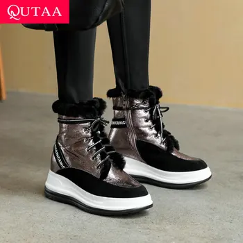 

QUTAA 2021 Snow Boots Platform Cow Suede Lace Up Zipper Ankle Boots Round Toe Height Increasing Keep Warm Women Boots Size 34-43