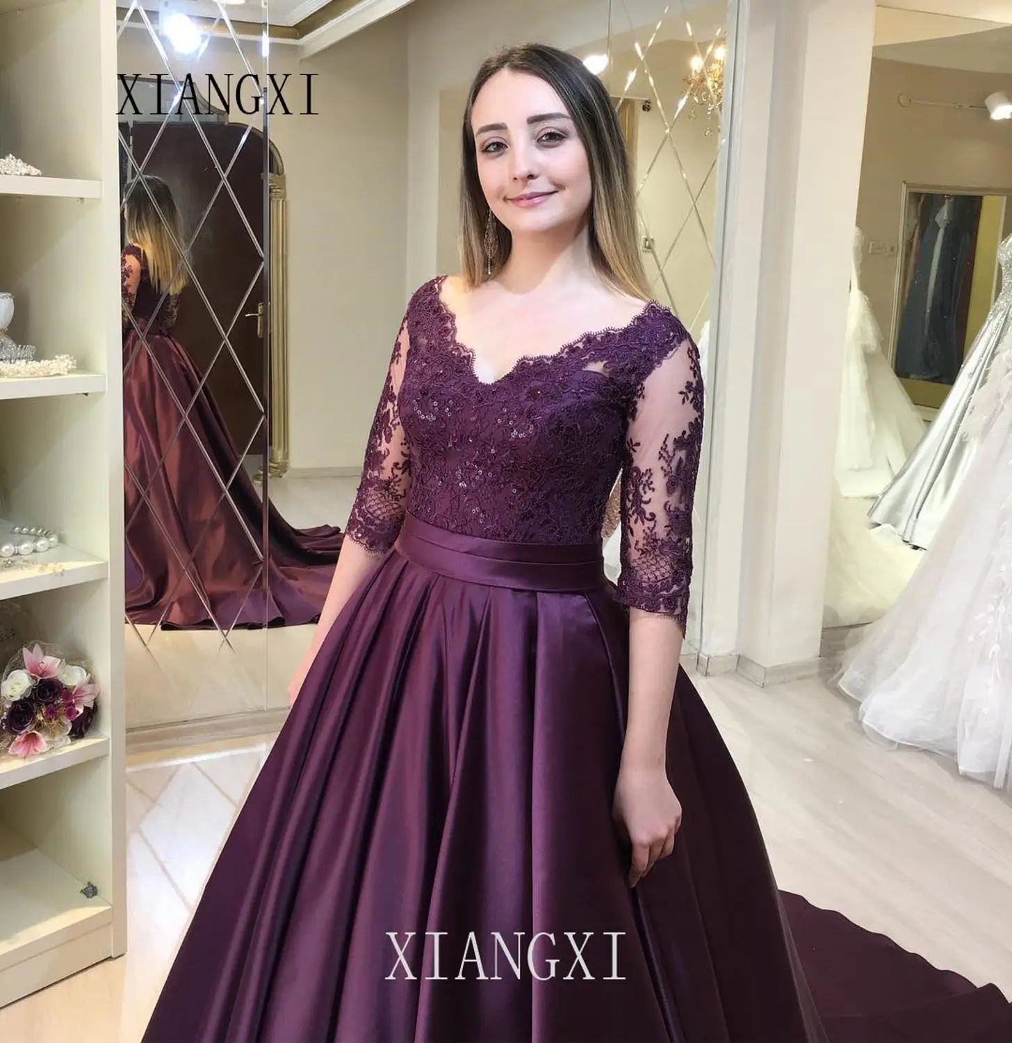 Фиолетовые Вечерние платья Vestidos, длинное атласное кружевное вечернее платье в пол с бисером,, вечерние платья Robe de soiree