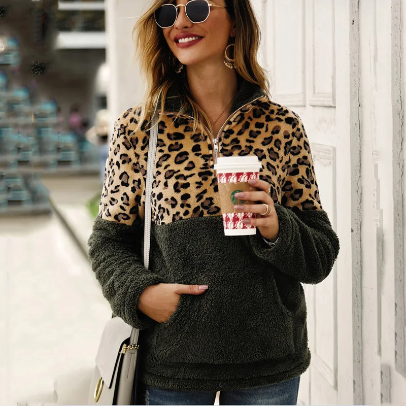  Lossky Winter Sweatshirt Leopard Patchwork Women Long Sleeve Pockets Ladies Plush Tops Zipper Pullo