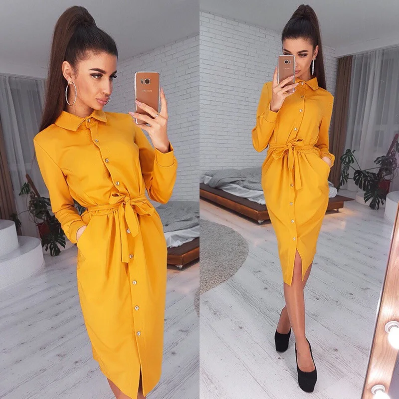 Kopen Office Lady Casual Sjerpen Rechte Jurk Lange Mouwen Turn Down Kraag Solid Elegant 2019 Nieuwe Mode Vintage Midi Jurk