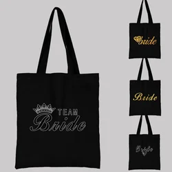 Female Bag Shopping Bag Shoulder Bag Foldable Reusable Casual Bridal Print Pattern Black Canvas College Student Portable Handbag