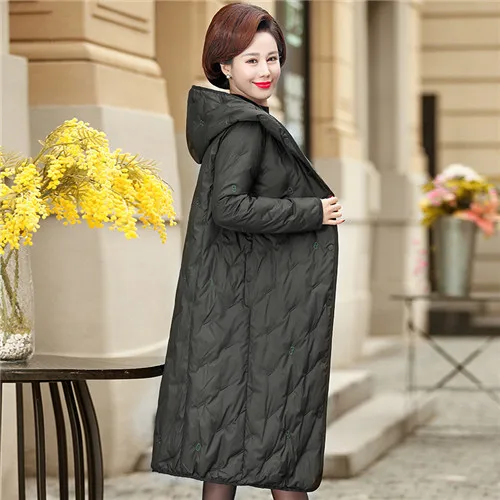 Белая куртка-пуховик, женская зимняя куртка, длинное плотное пальто для женщин, пуховая парка с капюшоном, женская одежда среднего возраста - Цвет: Черный