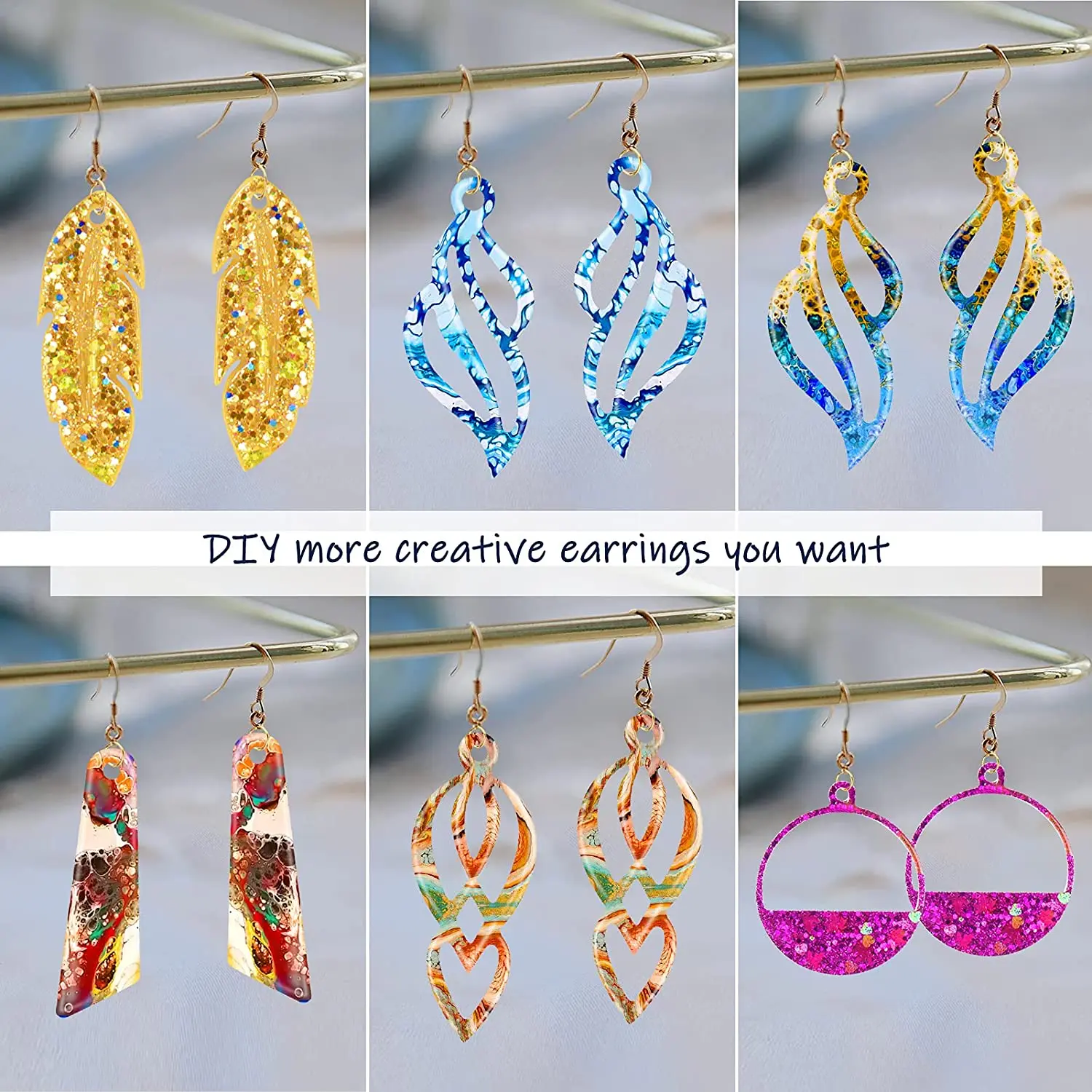 Lot De 6 Moules Silicone Résine Époxy – Boucles D’Oreilles & Bijoux DIY, Formes Variées + Accessoires Complets (Crochets, Anneaux…)