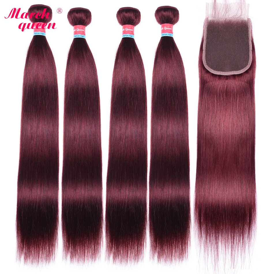 

March Queen #99J Brazilian Straight Closure Human Hair With Bundles Red Wine Color Hair Weave with 4*4 Lace Closure Baby Hair