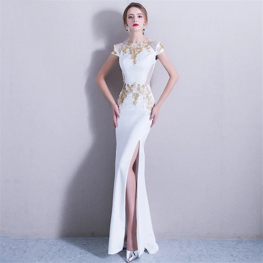 

Evening Gown White Split Elegant Evening Dresses 2019 Floor Length Sequin Robe De Soiree O-neck Short Sleeve Formal Dress F257