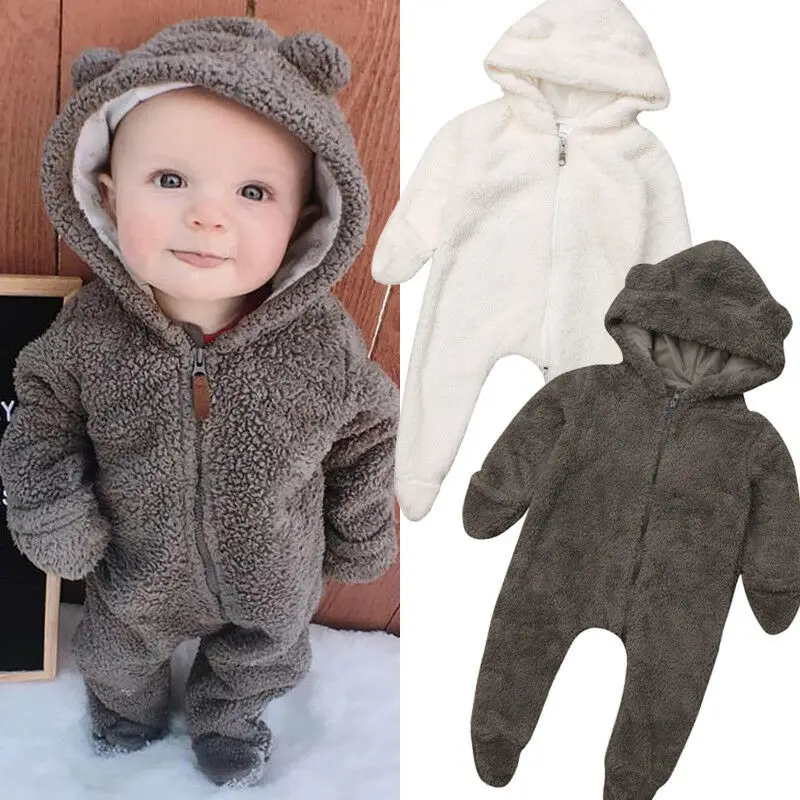 

Emmababy Newborn Baby Girls Boys Winter Long Sleeve Solid Color Soft Warm Fuzzy Hooded Romper Jumpsuit Outfits Clothes