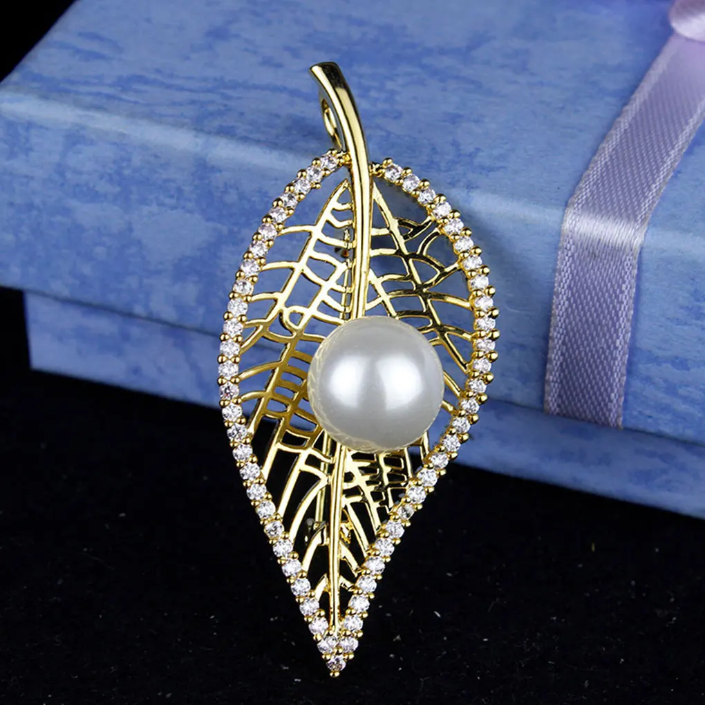 Hollow Leaf Brooch Crystal Zircon Pearl Pin Women Girls Clothing Dress Breast Jewelry | Украшения и аксессуары