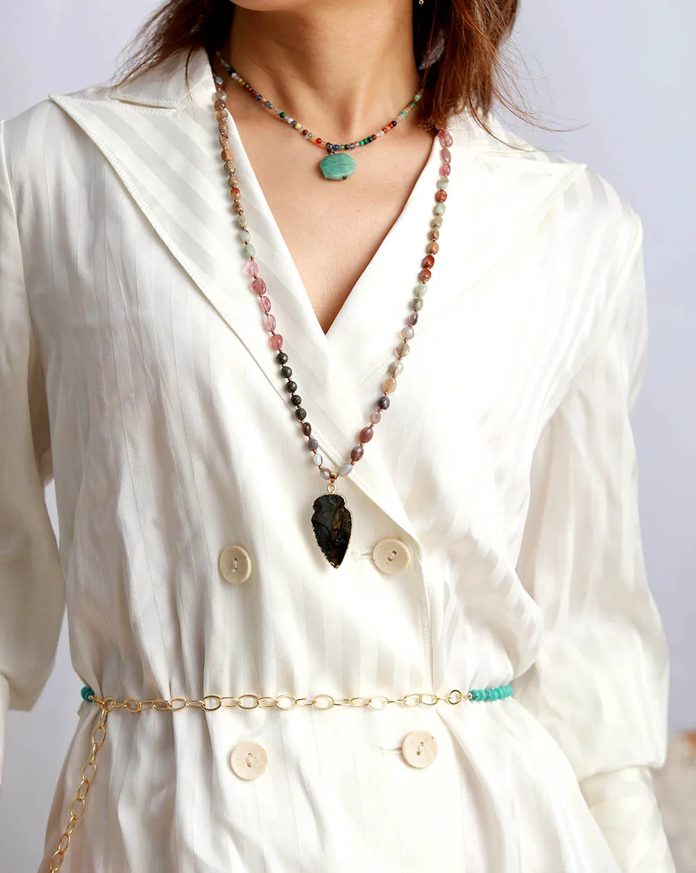 Boho Random Shape Natural Stone Strawberry Quartz Pyrite Labradorite Pendant Necklace Women Bead Lariat Necklaces Dropship - Image 2